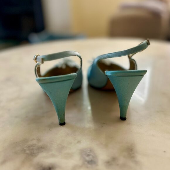 Bruno Magli Light Blue Satin Slingback Heel | Beaded Embellished Pointed Toe 8 B - Picture 4 of 12